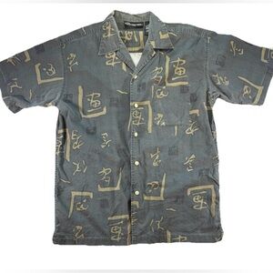 Vintage No Boundaries Button Up Shirt Men's Medium Gray Y2K Hawaiian Surf Kanji
